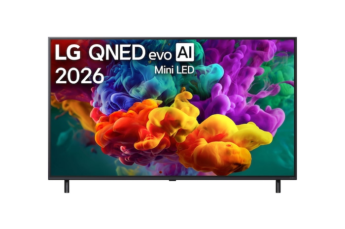Вид спереди на телевизор LG QNED evo AI QNED85 Mini LED, выпущенный в 2026 году: яркие текучие всплески разноцветного движения, напоминающего краску, заполняют дисплей, и плотные цветовые облака плавно перетекают друг в друга.