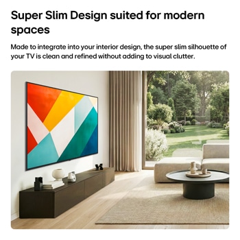 Телевизор LG QNED evo AI QNED85 Mini LED с супертонким дизайном установлен на стене в светлом просторном жилом помещении и гармонично вписывается в интерьер, отображая смелое геометрическое абстрактное произведение искусства.