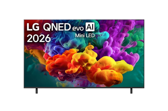 Вид спереди на телевизор LG QNED evo AI QNED85 Mini LED, выпущенный в 2026 году: яркие текучие всплески разноцветного движения, напоминающего краску, заполняют дисплей, и плотные цветовые облака плавно перетекают друг в друга.