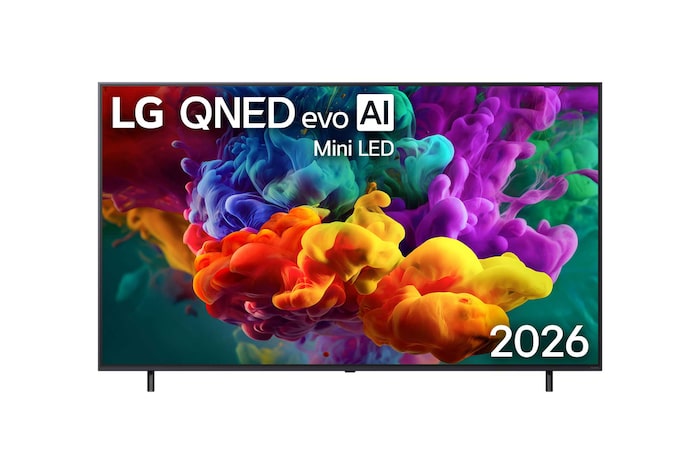 Вид спереди на телевизор LG QNED evo AI QNED85 Mini LED, выпущенный в 2026 году: яркие текучие всплески разноцветного движения, напоминающего краску, заполняют дисплей, и плотные цветовые облака плавно перетекают друг в друга.