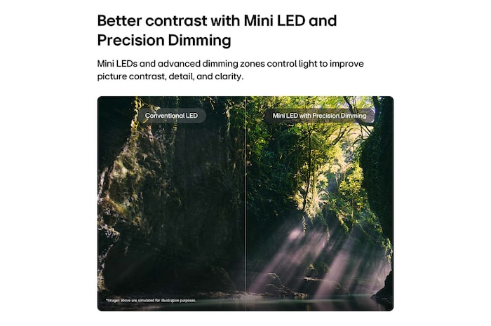 LG QNED evo AI QNED85 Mini LED демонстрирует технологию Mini LED с Precision Dimming на примере разделенного изображения леса, в сравнении с обычным LED, демонстрируя более глубокий черный цвет, более четкий контраст и глубину при отображении солнечного света, проникающего среди деревьев.