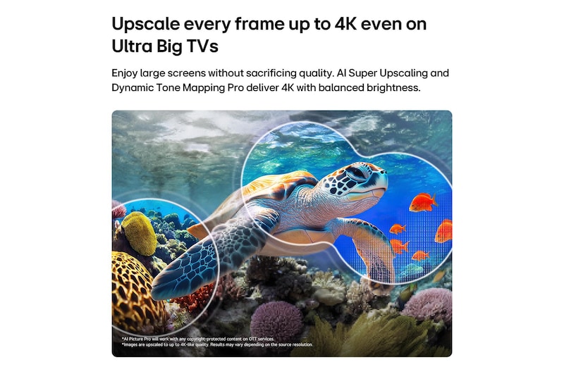 LG QNED evo AI QNED85 Mini LED с функциями AI Picture Pro и Dynamic Tone Mapping Pro показывает подводную сцену с морской черепахой, плывущей над кораллами, и рыбами, а ИИ распознает и масштабирует каждый кадр до разрешения 4K.