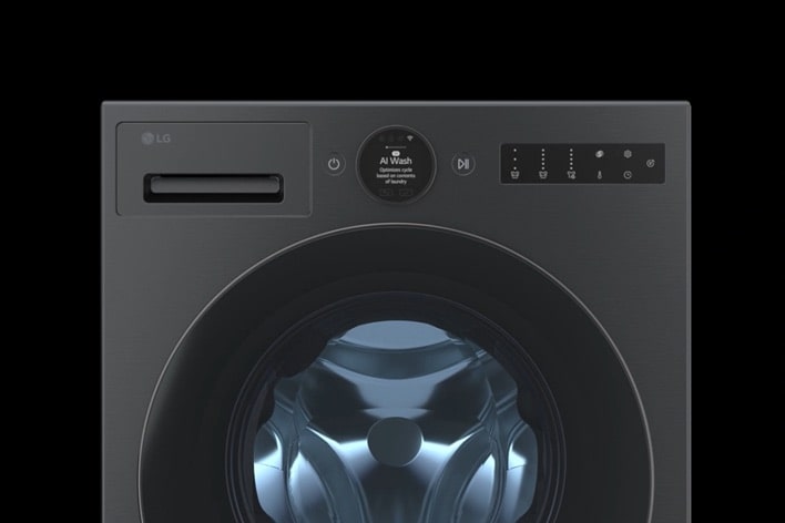 Gros plan d’une porte et d’un panneau de commande illuminés d’une machine à laver LG, mettant en valeur une sélection de fonctionnalités premium