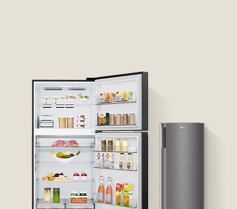 Le côté gauche montre un réfrigérateur-congélateur LG noir avec une porte ouverte, des aliments et boissons soigneusement organisés, et le côté droit montre un congélateur 1 porte fermé.