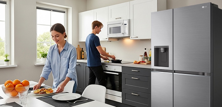 Un grand réfrigérateur congélateur LG en graphite foncé avec espace de rangement spacieux dans une cuisine élégante. Un homme et une femme cuisinent devant une table.