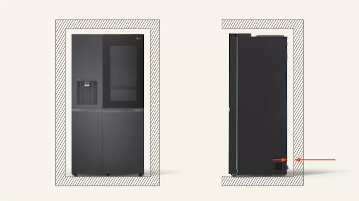Réfrigérateur congélateur LG avec des flèches de mesure indiquant l’espace requis sur les côtés et à l’arrière pour l’installation. Réfrigérateur congélateur LG avec des flèches de mesure indiquant l’espace requis sur les côtés et à l’arrière pour l’installation.