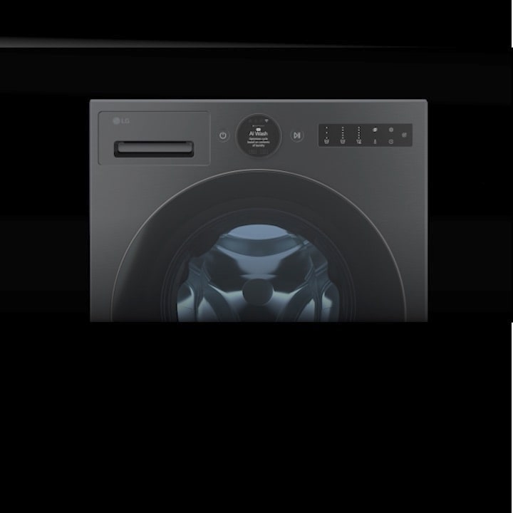 Gros plan d’un panneau de machine à laver LG à chargement par l’avant avec AI Wash en surbrillance, symbolisant un contrôle intelligent et efficace du linge.