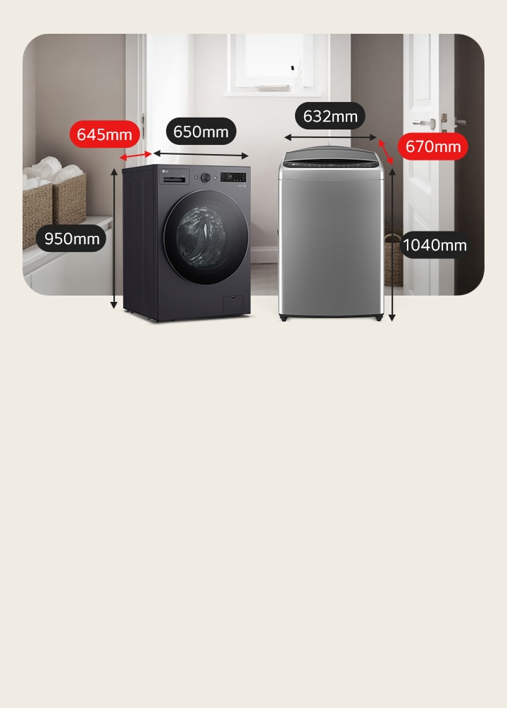 Machines à laver de taille moyenne à chargement par l’avant et par le haut avec des dimensions étiquetées pour un usage familial.