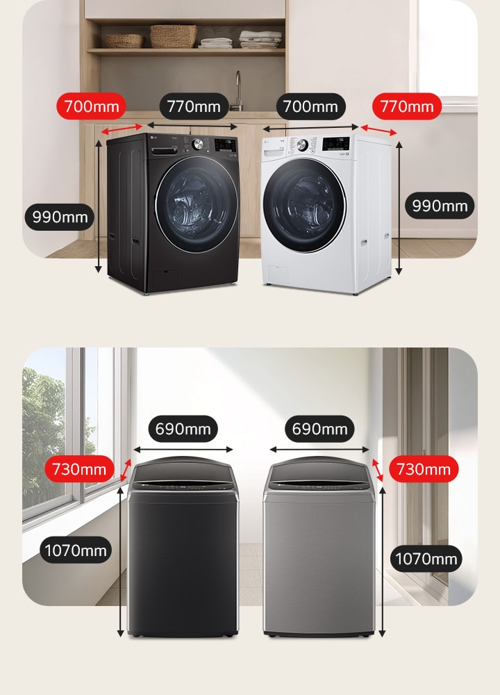 Grandes machines à laver à chargement par l’avant et par le haut côte à côte montrant des dimensions plus larges pour la lessive intensive.