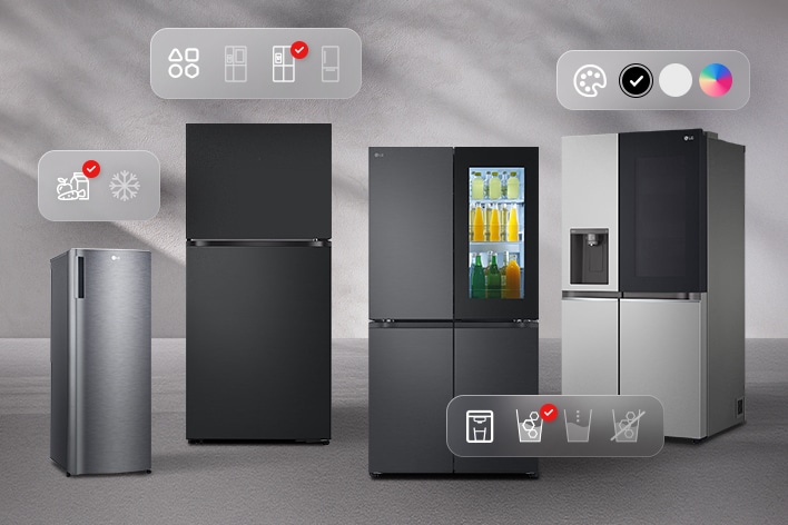 Quatre modèles de réfrigérateur-congélateur LG sont présentés côte à côte avec des icônes indiquant la configuration, le type, la couleur et les options de distributeur.