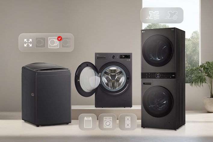 Gamme de machines à laver LG WashTower™, à chargement par l’avant et à chargement par le haut illustrés dans un environnement domestique avec des icônes de comparaison simples.