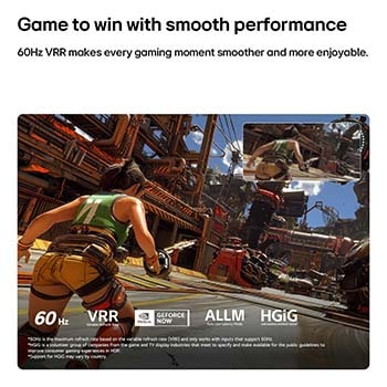 LG NANO 4K UHD AI NU84 pour un jeu ultime montre une scène de jeu d’action rapide avec une incrustation de comparaison mettant en valeur des mouvements plus fluides, tout en prenant en charge jusqu’à 60 Hz, VRR, ALLM, HGiG et GeForce NOW.