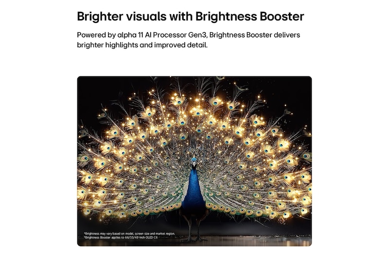 LG OLED evo AI C6 avec Brightness Booster montre une scène sombre où un paon lumineux déploie ses plumes éclatantes et rayonnantes, offrant des lumières plus brillantes avec des détails améliorés et un contraste saisissant.