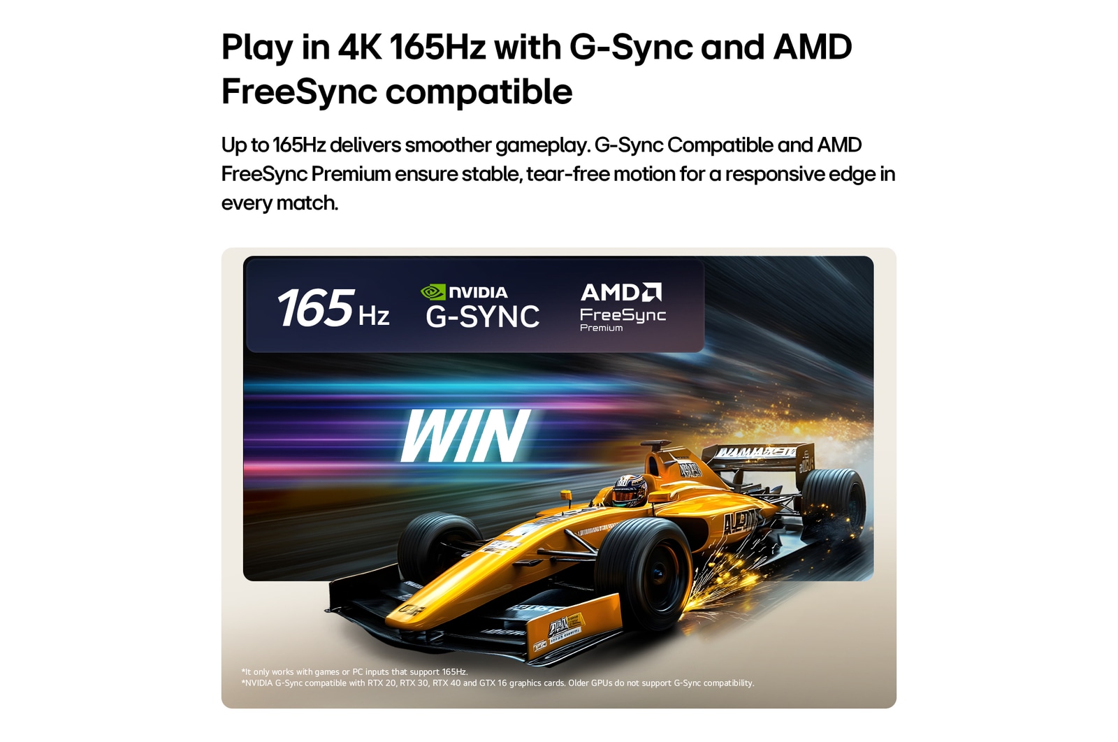 LG OLED evo AI C6 pour un gameplay imbattable en 4K 165Hz montre un jeu de course à grande vitesse avec une monoplace de course jaune en mouvement, texte en gras « GAGNEZ » à l'écran, avec les logos NVIDIA G-SYNC et AMD FreeSync Premium visibles en haut.