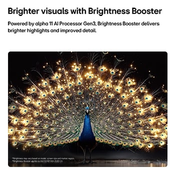 LG OLED evo AI C6 avec Brightness Booster montre une scène sombre où un paon lumineux déploie ses plumes éclatantes et rayonnantes, offrant des lumières plus brillantes avec des détails améliorés et un contraste saisissant.