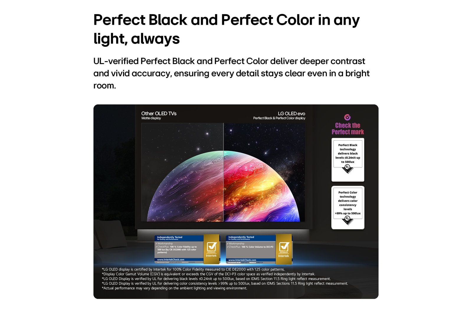 LG OLED evo AI C6 montre une scène planète et étoiles à écran partagé, comparant un écran mat anti-glare à son écran Noir parfait et couleur parfaite pour une qualité d’image plus claire sous n’importe quelle lumière, pris en charge par la certification UL et les certifications Intertek pour le volume et la fidélité des couleurs.