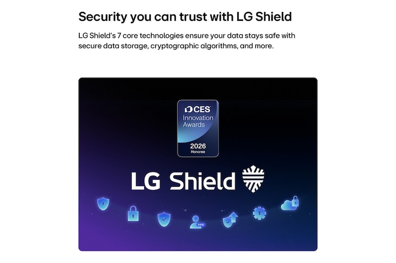 Le LG Shield, appliqué à LG OLED evo AI C6, est présenté avec un logo LG Shield au centre, des icônes de sécurité ci-dessous et un badge du lauréat des CES Innovation Awards 2026 ci-dessus, représentant la protection des données et du système.