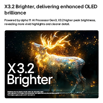LG OLED evo AI C6 avec Brightness Booster Pro montre une scène sombre où des particules brillantes entourent une silhouette de cerf, offrant une luminosité de pic jusqu’à 3,2 fois plus intense avec une luminance plus élevée et des détails plus nets.