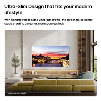 LG OLED evo AI C6 est fixé au mur dans un espace de vie élégant, avec un design ultra fin avec des cadres étroits et affiche un paysage urbain au bord de la rivière au coucher du soleil à l’écran. 