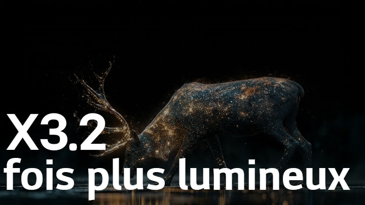 LG OLED evo AI C6 avec Brightness Booster Pro montre une scène sombre où des particules brillantes entourent une silhouette de cerf, offrant une luminosité de pic jusqu’à 3,2 fois plus intense avec une luminance plus élevée et des détails plus nets.
