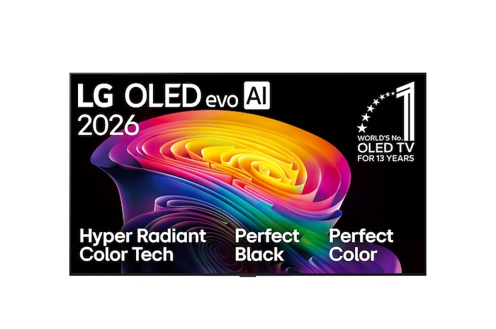 La vue avant de la LG OLED evo AI C6, lancée en 2026, affiche une image de formes multicolores superposées, avec Hyper Radiant Color Tech, un Noir parfait et une couleur parfaite, ainsi que le badge OLED TV numéro 1 mondial pendant 13 ans.