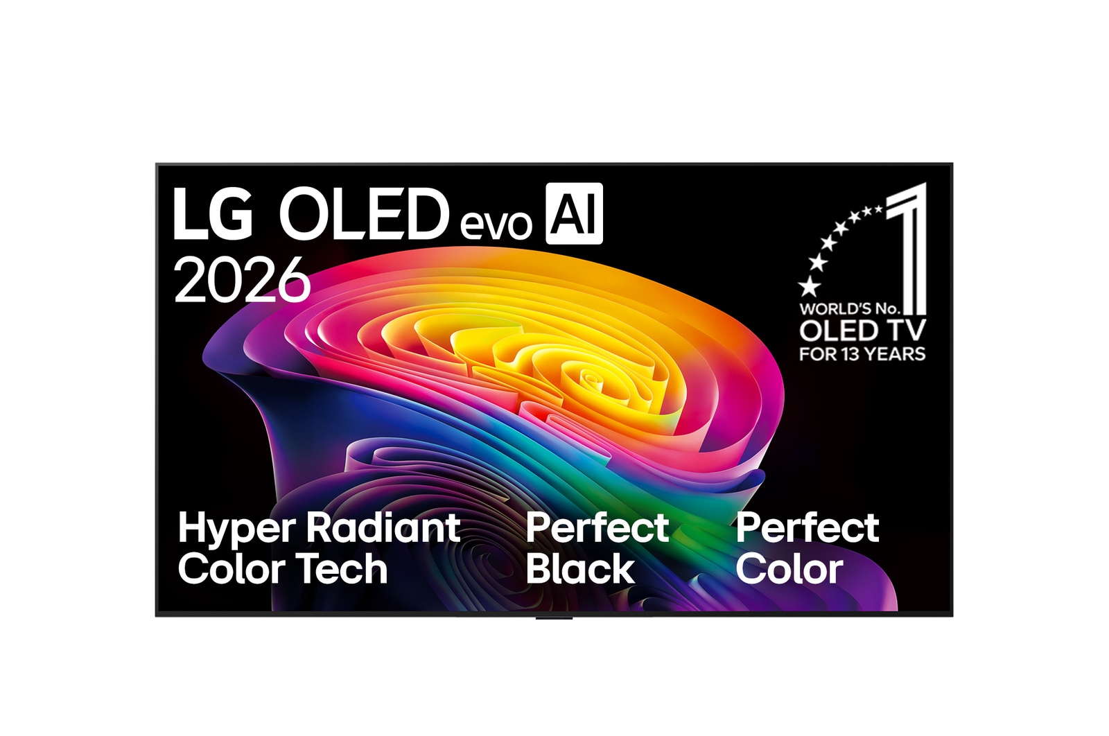 La vue avant de la LG OLED evo AI C6, lancée en 2026, affiche une image de formes multicolores superposées, avec Hyper Radiant Color Tech, un Noir parfait et une couleur parfaite, ainsi que le badge OLED TV numéro 1 mondial pendant 13 ans.
