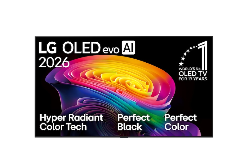 La vue avant de la LG OLED evo AI C6, lancée en 2026, affiche une image de formes multicolores superposées, avec Hyper Radiant Color Tech, un Noir parfait et une couleur parfaite, ainsi que le badge OLED TV numéro 1 mondial pendant 13 ans.