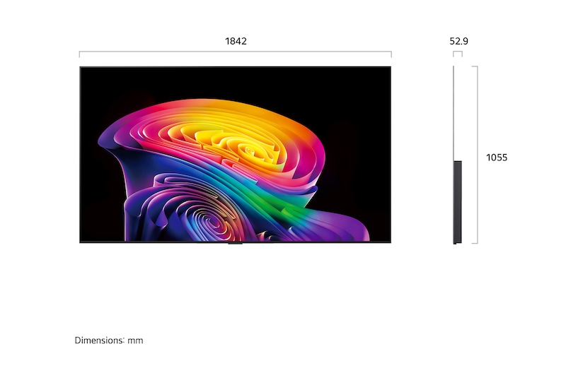 La LG OLED evo AI C6 présentée en vue avant et latérale met en valeur un écran de 83 pouces avec un écran de 1 842 mm de large, une hauteur globale de 1 055 mm et une profondeur ultra-fine de 52,9 mm sans pied.
