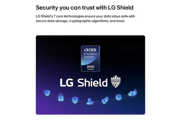 Le LG Shield, appliqué à LG OLED evo AI C6, est présenté avec un logo LG Shield au centre, des icônes de sécurité ci-dessous et un badge du lauréat des CES Innovation Awards 2026 ci-dessus, représentant la protection des données et du système.