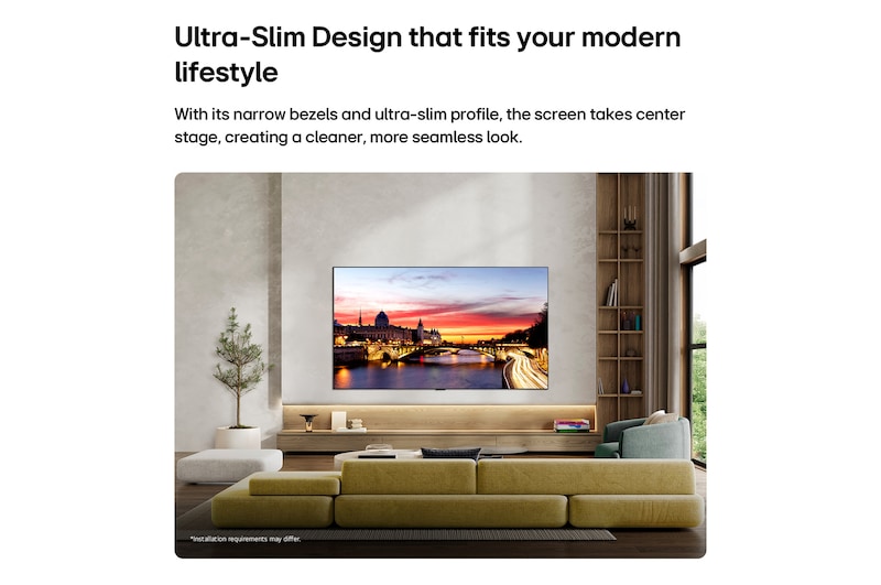 LG OLED evo AI C6 est fixé au mur dans un espace de vie élégant, avec un design ultra fin avec des cadres étroits et affiche un paysage urbain au bord de la rivière au coucher du soleil à l’écran. 