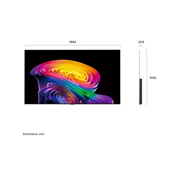 La LG OLED evo AI C6 présentée en vue avant et latérale met en valeur un écran de 83 pouces avec un écran de 1 842 mm de large, une hauteur globale de 1 055 mm et une profondeur ultra-fine de 52,9 mm sans pied.
