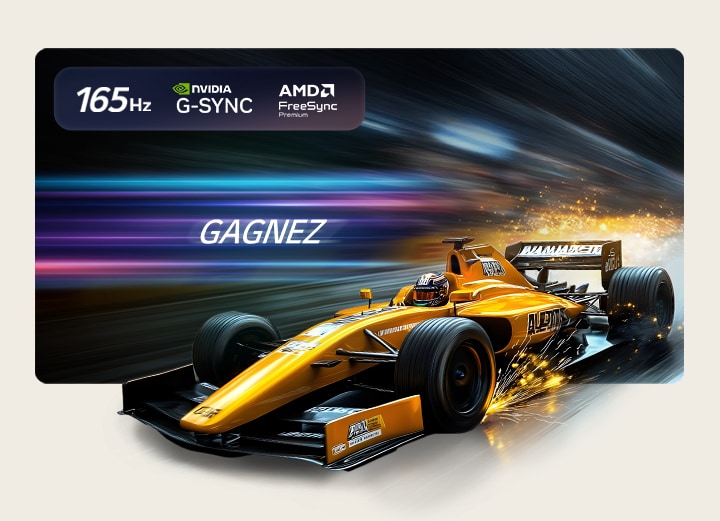 LG OLED evo AI G6 pour un gameplay imbattable en 4K 165Hz montre un jeu de course à grande vitesse avec une monoplace de course jaune en mouvement, un texte « WIN » en gras à l’écran et les logos NVIDIA G-SYNC et AMD FreeSync Premium en haut. 