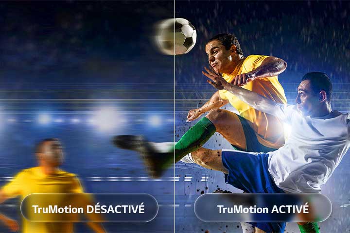 LG QNED evo AI QNED82 Mini LED avec TruMotion met en valeur le lissage du mouvement dans une scène de football à écran partagé, une action floue contrastante avec TruMotion désactivé et un mouvement net et clair avec TruMotion activé pour mettre en valeur la clarté dans les sports au rythme rapide.