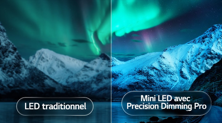 La Mini LED LG QNED evo AI QNED85 met en valeur la Mini LED avec Precision Dimming Pro à travers une scène de glacier de montagne éclairée à l’aurore, comparant la LED conventionnelle à des noirs plus profonds et un contraste raffiné pour obtenir une précision et une clarté accrues.