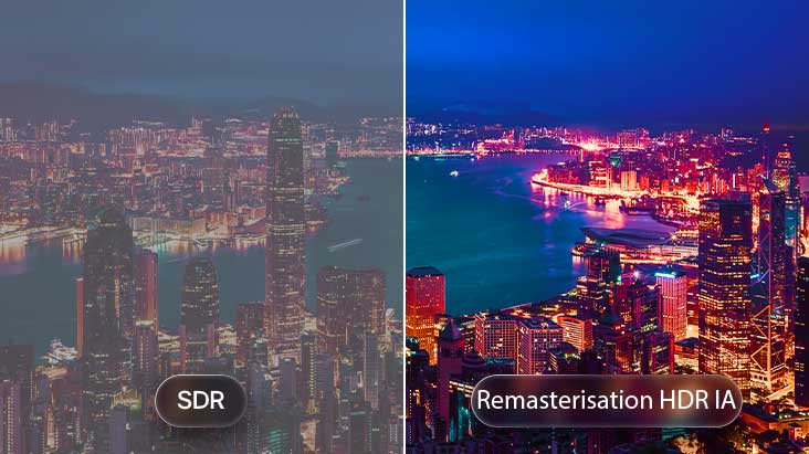 LG QNED evo AI QNED85 Mini LED avec AI HDR Remastering est présentée dans une comparaison de paysage urbain divisé, avec SDR à gauche et AI HDR Remastering à droite, affichant des lumières de ville plus lumineuses, un contraste plus profond et des détails plus éclatants sur toute la scène.