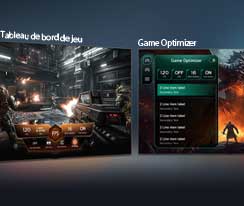 LG QNED evo AI QNED85 Mini LED avec Game Dashboard et Optimizer affiche des écrans de jeu côte à côte et un menu à l’écran pour ajuster les paramètres de jeu tels que le taux de rafraîchissement, la latence et les modes visuels en temps réel.