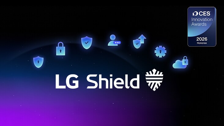 L’emblème LG Shield est affiché sur un arrière-plan sombre avec des icônes de sécurité, mettant en évidence la protection de webOS pour la confidentialité, la sécurité des données et l’intégrité du système. Un badge du lauréat du CES Innovation Awards 2026 est également présenté.