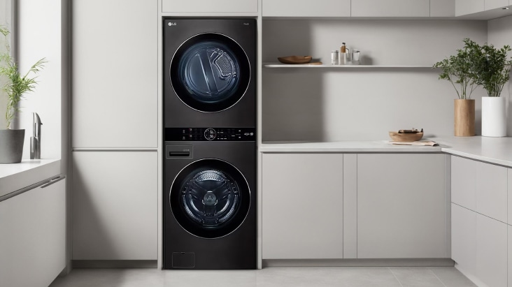Lavadora LG WashTower negra en el centro, con un gabinete blanco a la izquierda y un estante de pared a la derecha