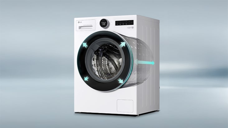 Lavadora LG blanca sobre fondo azul con cinco flechas azules que ilustran la capacidad del tambor
