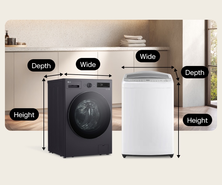 Lavadoras LG con indicaciones de profundidad, ancho y alto para modelos de carga frontal y superior en un cuarto de lavado