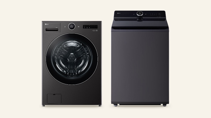 Gama de lavadoras LG que muestra un modelo de carga frontal y un modelo de carga superior uno al lado del otro