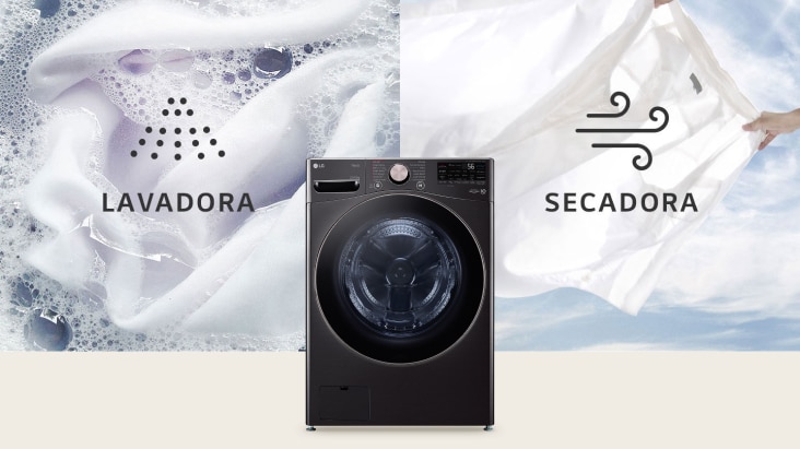 Lavadora-secadora LG que muestra tejidos blancos en agua a la izquierda y tejidos recién secados al aire a la derecha