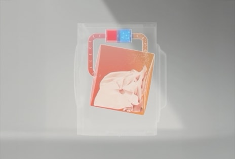 Diagrama de una secadora con bomba de calor que muestra el ciclo del aire a través del calentador rojo y el condensador azul antes de regresar al tambor