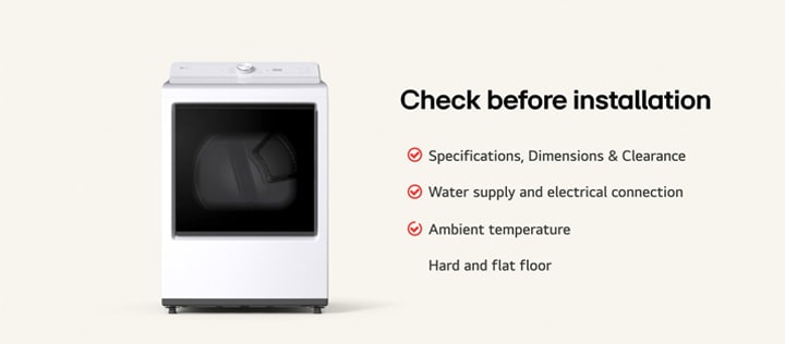 Guía de instalación de lavadoras-secadoras LG que muestra la ubicación, la nivelación y la configuración de la ventilación o el desagüe para un uso con fiabilidad