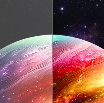 LG OLED evo AI C6, con Negro y Colores Perfectos, muestra una escena planetaria dividida que contrasta negros más débiles a la izquierda con detalles más claros, negros más profundos y una expresión de color más vívida a la derecha.
