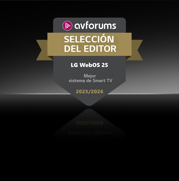 La insignia de Elección del editor de AVForums se muestra sobre un fondo oscuro para LG webOS 25, nombrado Mejor sistema de TV inteligente 2025/2026.