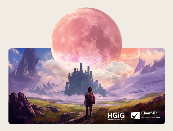 LG OLED evo AI C6 con Clear Motion muestra una escena de juego de un personaje caminando hacia un castillo bajo una gran luna, con texto en pantalla HGiG y ClearMR con certificación VESA que resalta el movimiento fluido y nítido.