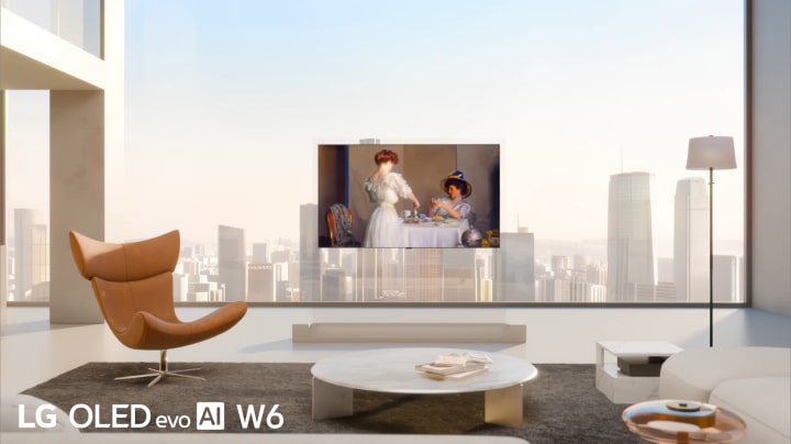 LG OLED evo AI W6 Wallpaper se encuentra en una sala de estar moderna con vistas panorámicas de la ciudad, mostrando una vívida escena cósmica que realza la profundidad visual a la vez que mantiene la armonía arquitectónica del espacio.