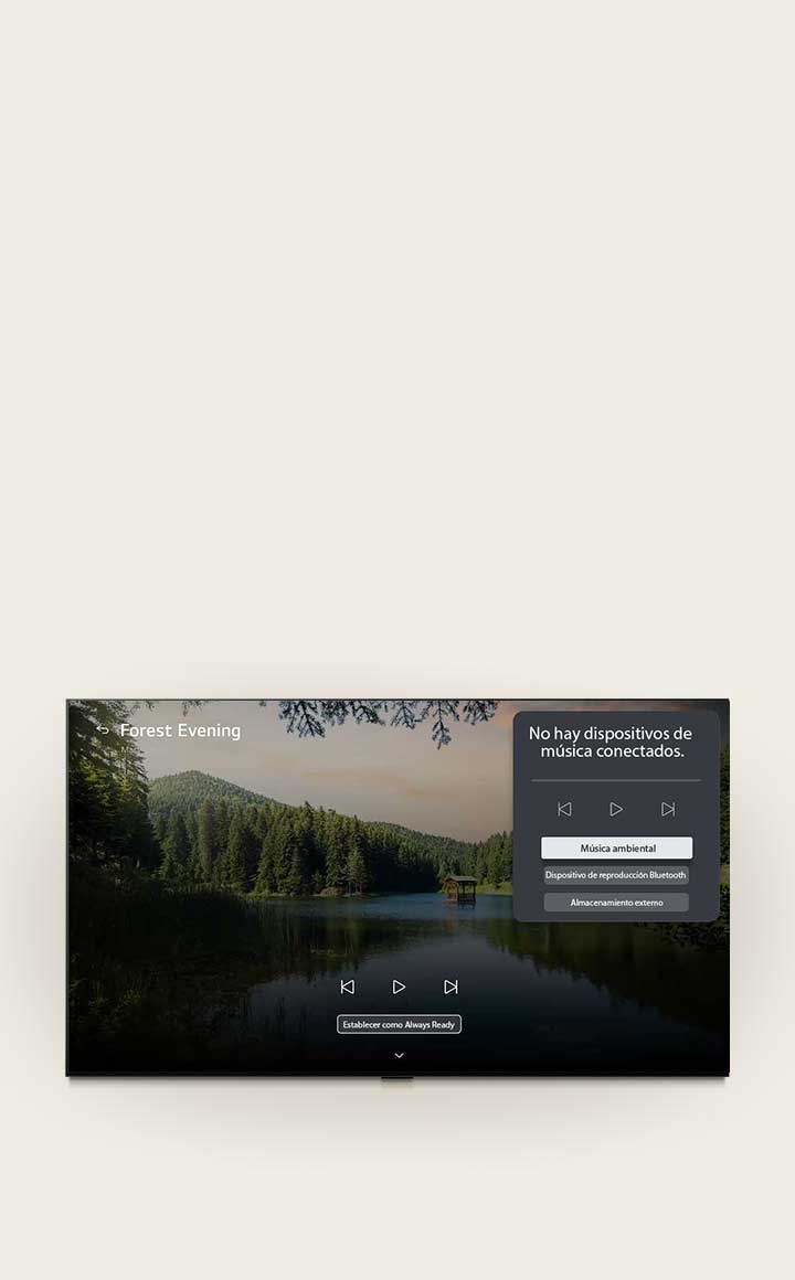 LG OLED evo AI W6 (modelo Wallpaper TV) muestra en pantalla la escena del lago en el bosque "Forest Evening" mediante la función LG Gallery+ con música de fondo (BGM) y Music Lounge; se aprecia el panel de interfaz de Music Lounge con opciones para música ambiental, reproducción por Bluetooth y controles.