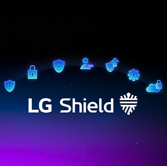 El emblema LG Shield se muestra sobre un fondo oscuro con íconos de seguridad, resaltando la protección webOS para la privacidad, la seguridad de los datos y la integridad del sistema.